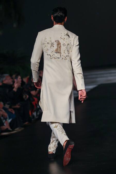 Shop Rohit Bal Ivory Silk, Cotton Embroidery, Sequins Wild Bloom Sherwani Online at Aza Fashions Shop_Rohit Bal_Ivory Silk, Cotton Embroidery, Sequins Wild Bloom Sherwani _Online_at_Aza_Fashions