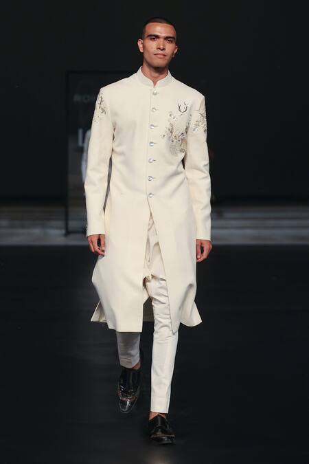 Rohit Bal_Ivory Silk Cut Work, Sequins, Beads Bison Embroidered Sherwani _Online_at_Aza_Fashions