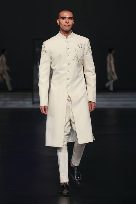 Buy_Rohit Bal_Ivory Silk Cut Work, Sequins, Beads Bison Embroidered Sherwani _Online_at_Aza_Fashions