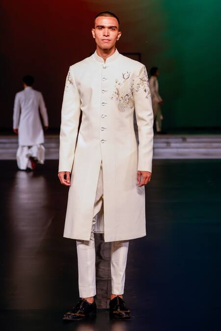 Shop_Rohit Bal_Ivory Silk Cut Work, Sequins, Beads Bison Embroidered Sherwani _Online_at_Aza_Fashions