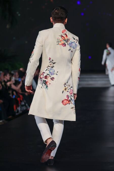 Shop_Rohit Bal_Ivory Chanderi Embroidery Floral Print Sherwani _at_Aza_Fashions