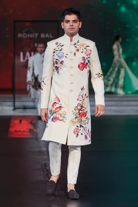 Rohit Bal_Ivory Chanderi Embroidery Floral Print Sherwani _Online_at_Aza_Fashions