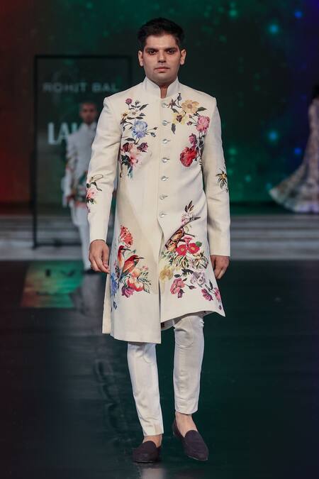 Buy_Rohit Bal_Ivory Chanderi Embroidery Floral Print Sherwani _Online_at_Aza_Fashions