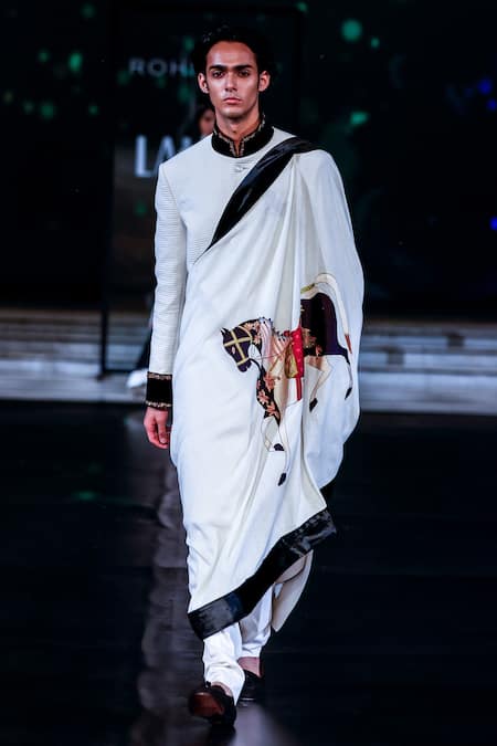 Rohit Bal_Ivory Cotton Embroidery Ribbed Sherwani With Stole _Online_at_Aza_Fashions