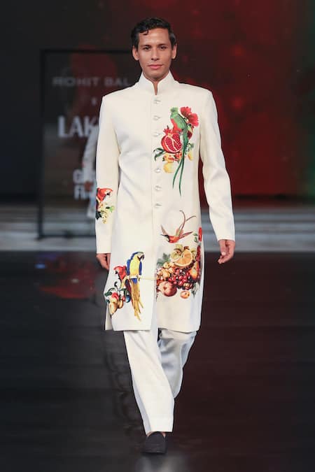 Rohit Bal Fruit & Bird Paradise Print & Embroidered Sherwani 