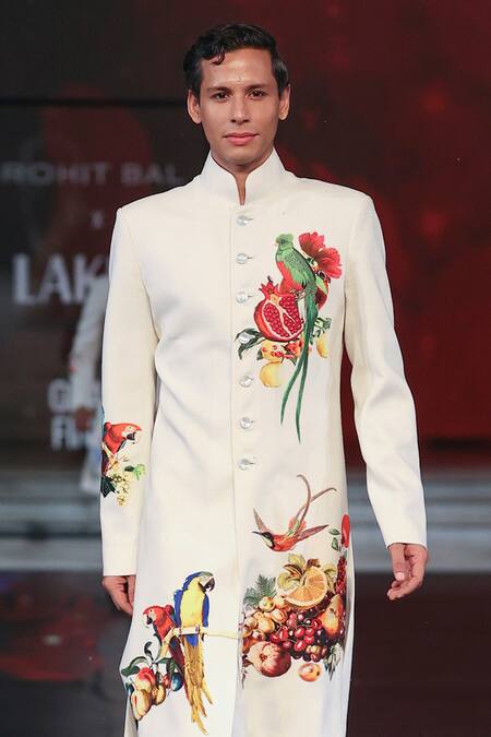 Rohit Bal Ivory Silk Embroidery Fruit And Bird Paradise Sherwani Online at Aza Fashions Rohit Bal_Ivory Silk Embroidery Fruit And Bird Paradise Sherwani _Online_at_Aza_Fashions