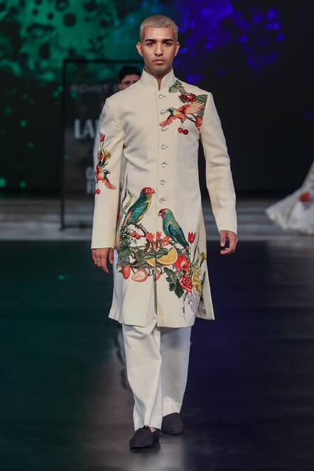 Rohit Bal_Ivory Silk Embroidery Parrot Paradise Print Sherwani _Online_at_Aza_Fashions
