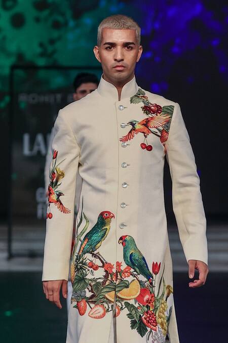 Buy_Rohit Bal_Ivory Silk Embroidery Parrot Paradise Print Sherwani _Online_at_Aza_Fashions