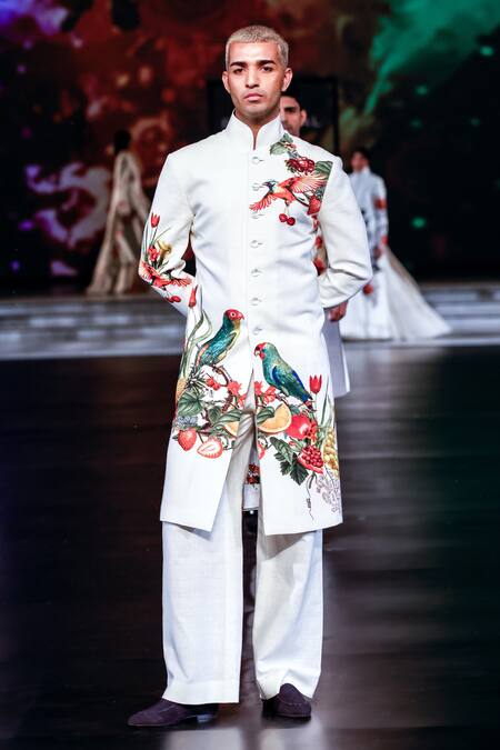 Rohit Bal_Ivory Silk Embroidery Parrot Paradise Print Sherwani _at_Aza_Fashions