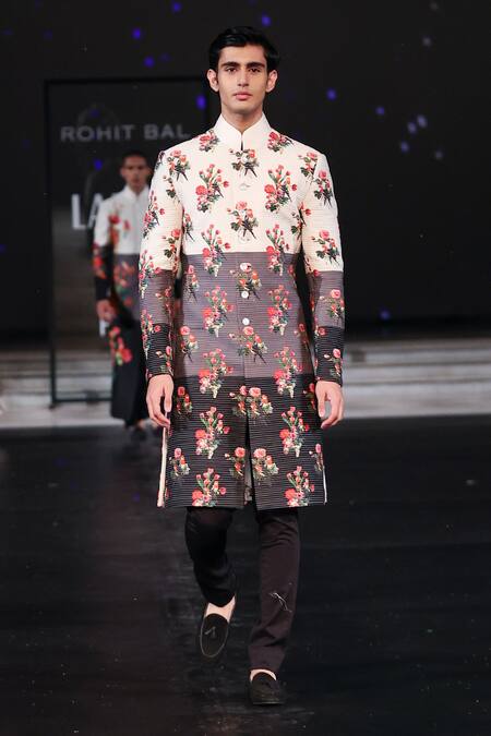 Rohit Bal_Multi Color Chanderi Embroidery Bloom Print And Stitchline Sherwani _Online_at_Aza_Fashions