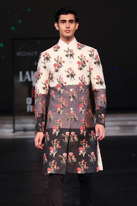 Buy_Rohit Bal_Multi Color Chanderi Embroidery Bloom Print And Stitchline Sherwani _Online_at_Aza_Fashions