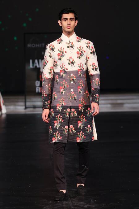 Shop_Rohit Bal_Multi Color Chanderi Embroidery Bloom Print And Stitchline Sherwani _Online_at_Aza_Fashions