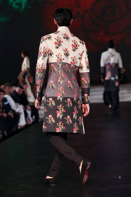 Rohit Bal_Multi Color Chanderi Embroidery Bloom Print And Stitchline Sherwani _at_Aza_Fashions
