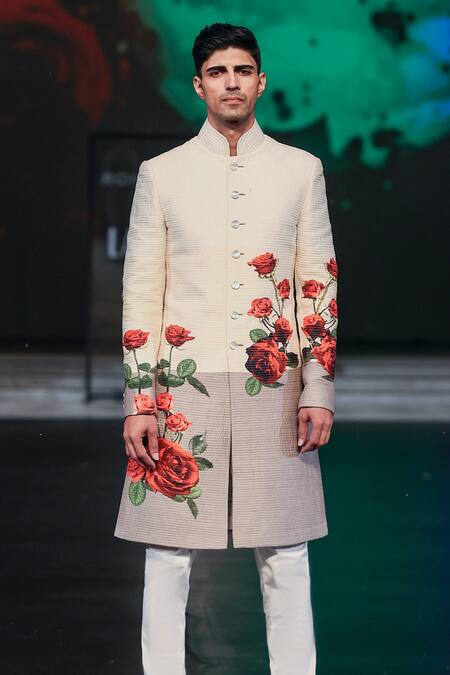 Rohit Bal_Ivory Chanderi Silk Embroidery Rose Print Sherwani _Online_at_Aza_Fashions