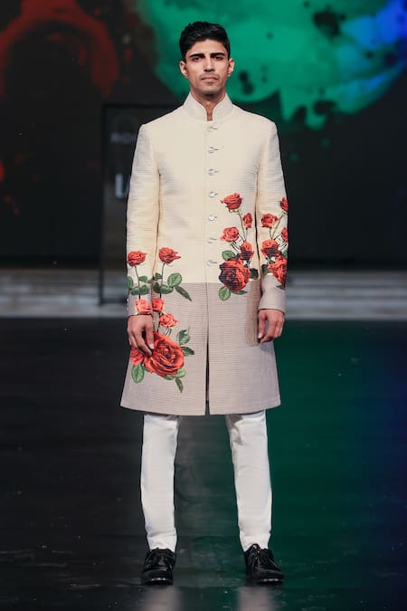 Buy_Rohit Bal_Ivory Chanderi Silk Embroidery Rose Print Sherwani _Online_at_Aza_Fashions
