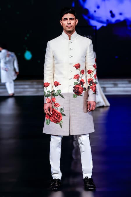 Shop_Rohit Bal_Ivory Chanderi Silk Embroidery Rose Print Sherwani _Online_at_Aza_Fashions