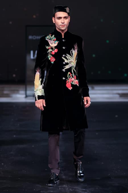 Rohit Bal_Black Silk, Velvet Embroidery Gardenia Sherwani _Online_at_Aza_Fashions