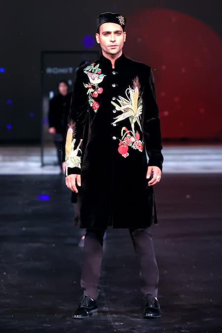 Buy_Rohit Bal_Black Silk, Velvet Embroidery Gardenia Sherwani _Online_at_Aza_Fashions