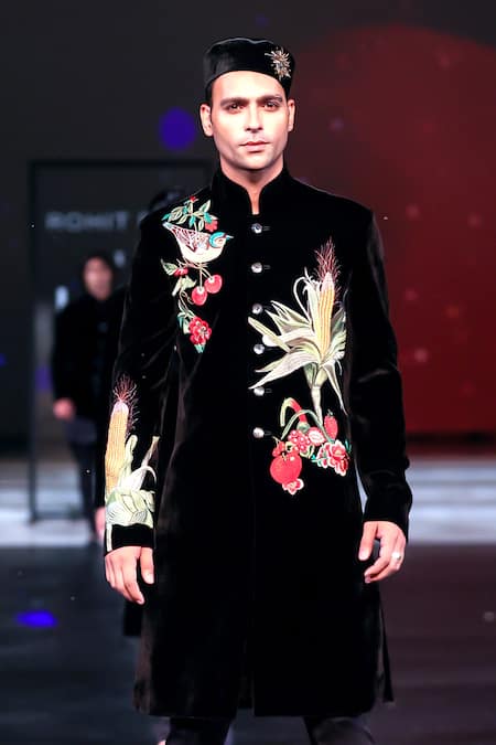 Shop_Rohit Bal_Black Silk, Velvet Embroidery Gardenia Sherwani _Online_at_Aza_Fashions