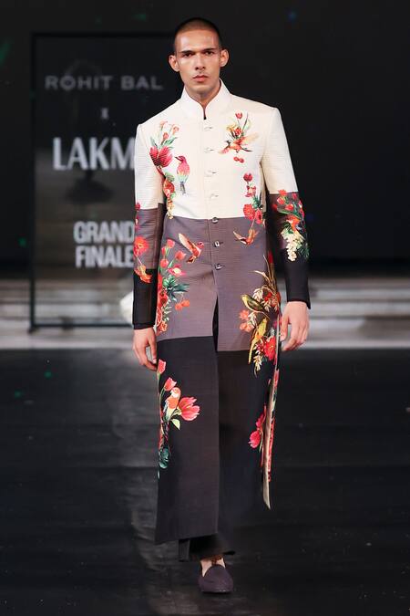 Rohit Bal_Multi Color Chanderi Embroidery Hummingbird Garden Printed Sherwani _Online_at_Aza_Fashions