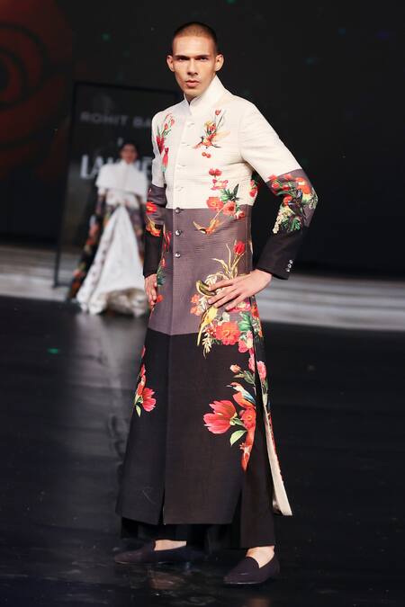 Buy_Rohit Bal_Multi Color Chanderi Embroidery Hummingbird Garden Printed Sherwani _Online_at_Aza_Fashions