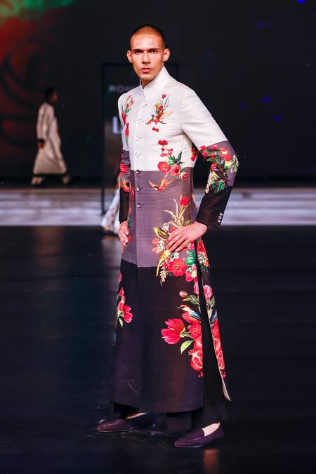 Shop_Rohit Bal_Multi Color Chanderi Embroidery Hummingbird Garden Printed Sherwani _Online_at_Aza_Fashions