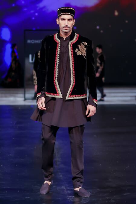 Rohit Bal Black Silk, Velvet Embroidery Fiore Jacket Online at Aza Fashions Rohit Bal_Black Silk, Velvet Embroidery Fiore Jacket _Online_at_Aza_Fashions