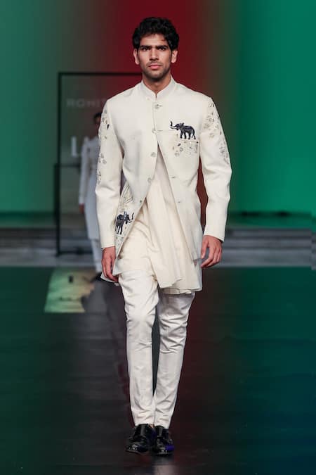Rohit Bal_Ivory Silk Sequins Majestic Elephant Motif Sherwani _Online_at_Aza_Fashions