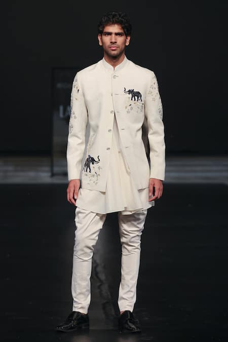 Buy_Rohit Bal_Ivory Silk Sequins Majestic Elephant Motif Sherwani _Online_at_Aza_Fashions