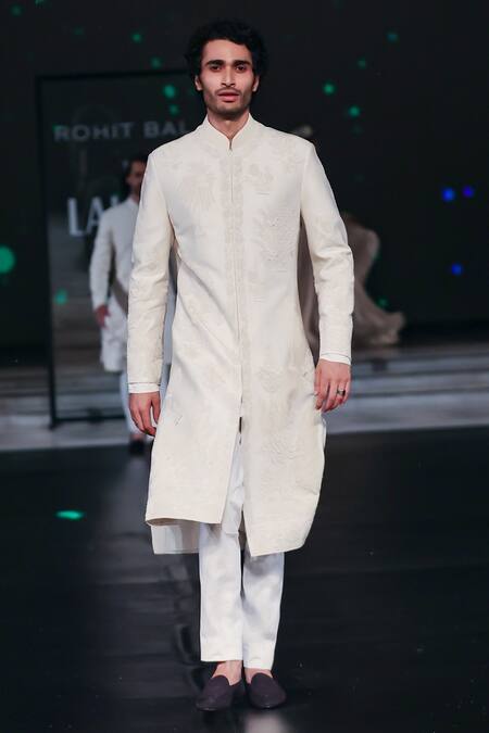 Rohit Bal_Ivory Silk Diamonds Dori Blossom Embroidered Sherwani _Online_at_Aza_Fashions