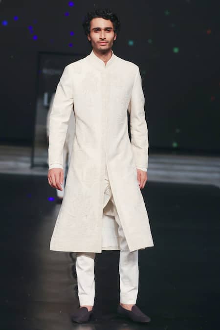Shop_Rohit Bal_Ivory Silk Diamonds Dori Blossom Embroidered Sherwani _Online_at_Aza_Fashions