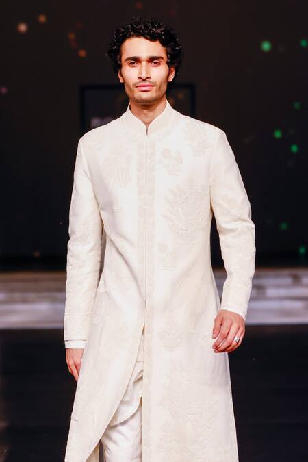 Rohit Bal_Ivory Silk Diamonds Dori Blossom Embroidered Sherwani _at_Aza_Fashions