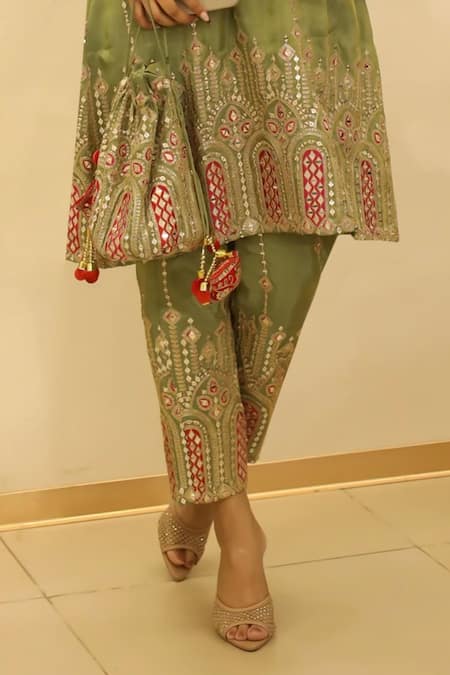 Tasuvure Indes Green Tissue Zari, Sequins, Mirrors Open Embroidered Kurta Set With Potli Bag Online at Aza Fashions Tasuvure Indes_Green Tissue Zari, Sequins, Mirrors Open Embroidered Kurta Set With Potli Bag_Online_at_Aza_Fashions