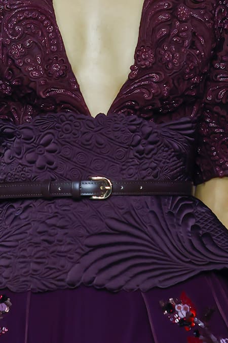 Shop_Pankaj & Nidhi_Purple Embroidery Floral Quilted Corset Belt _Online_at_Aza_Fashions