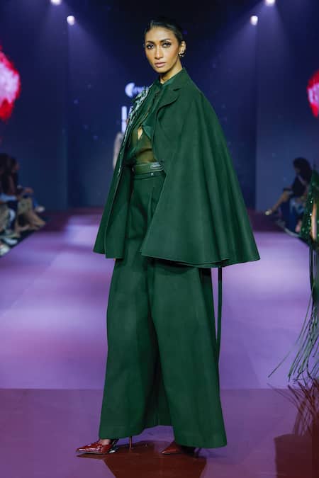 Pankaj & Nidhi Cypress Green Sequin Cape Jacket Trouser Set 