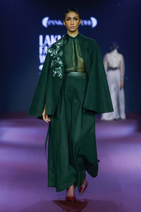 Pankaj & Nidhi_Green Wool, Silk Organza Sequins, Crystals Cypress Cape Jacket Trouser Set _Online_at_Aza_Fashions