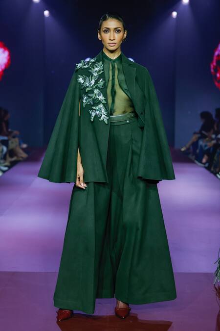 Shop_Pankaj & Nidhi_Green Wool, Silk Organza Sequins, Crystals Cypress Cape Jacket Trouser Set _Online_at_Aza_Fashions