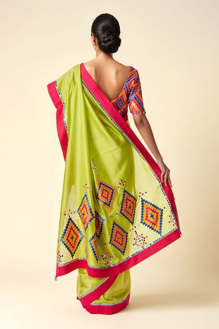 Shop Gulabo By Abu Sandeep Multi Color Chanderi Mirrors Plunge Neck Ikat Applique Blouse at Aza Fashions Shop_Gulabo By Abu Sandeep_Multi Color Chanderi Mirrors Plunge Neck Ikat Applique Blouse _at_Aza_Fashions