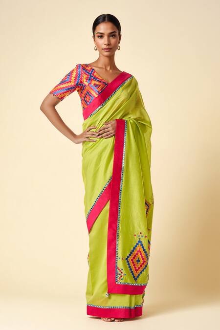 Gulabo By Abu Sandeep Multi Color Chanderi Mirrors Plunge Neck Ikat Applique Blouse Online at Aza Fashions Gulabo By Abu Sandeep_Multi Color Chanderi Mirrors Plunge Neck Ikat Applique Blouse _Online_at_Aza_Fashions