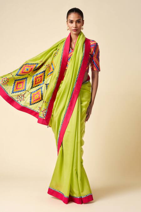 Buy Gulabo By Abu Sandeep Multi Color Chanderi Mirrors Plunge Neck Ikat Applique Blouse Online at Aza Fashions Buy_Gulabo By Abu Sandeep_Multi Color Chanderi Mirrors Plunge Neck Ikat Applique Blouse _Online_at_Aza_Fashions