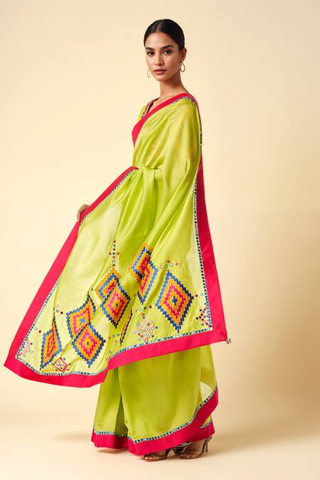 Shop Gulabo By Abu Sandeep Multi Color Chanderi Mirrors Plunge Neck Ikat Applique Blouse Online at Aza Fashions Shop_Gulabo By Abu Sandeep_Multi Color Chanderi Mirrors Plunge Neck Ikat Applique Blouse _Online_at_Aza_Fashions