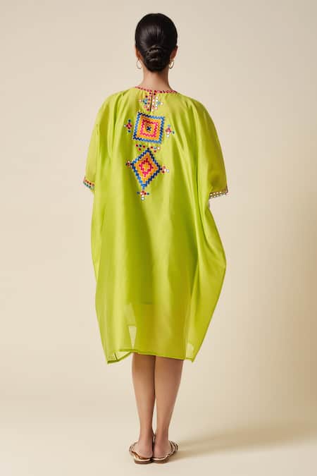 Shop_Gulabo By Abu Sandeep_Green Chanderi Mirrors, Embroidery Round Neck Ikat Applique Kaftan _at_Aza_Fashions