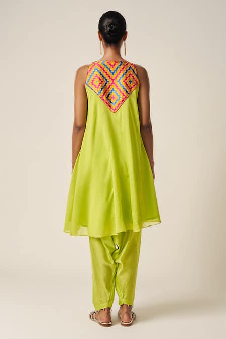 Shop Gulabo By Abu Sandeep Green Chanderi Embroidery Round Neck Ikat Applique A-line Kurta at Aza Fashions Shop_Gulabo By Abu Sandeep_Green Chanderi Embroidery Round Neck Ikat Applique A-line Kurta _at_Aza_Fashions