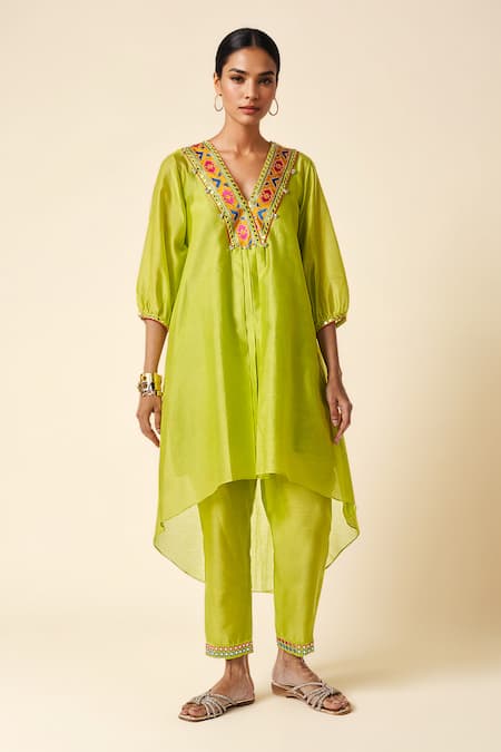 Gulabo by Abu Sandeep Ikat Applique Embroidered Asymmetric Kurta 