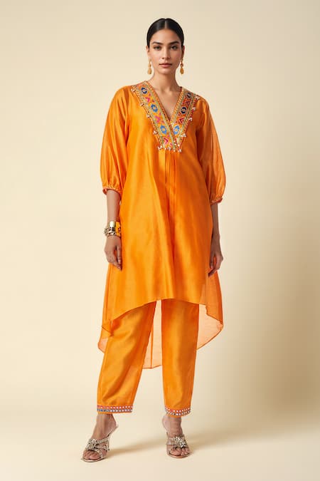 Gulabo by Abu Sandeep Asymmetric Ikat Abla Embroidered Kurta 