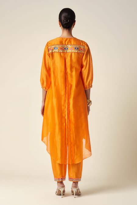 Shop_Gulabo By Abu Sandeep_Orange Chanderi Mirrors, Gota Patti Asymmetric Ikat Abla Embroidered Kurta _at_Aza_Fashions