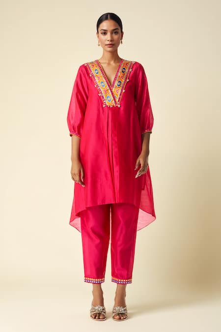 Gulabo by Abu Sandeep Pink Ikat Applique Asymmetric Kurta 