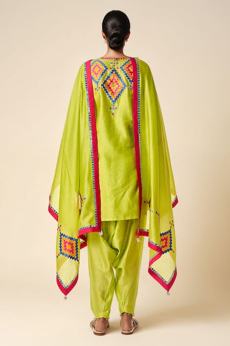 Shop Gulabo By Abu Sandeep Green Chanderi Mirrors, Embroidery Open Neck Ikat Applique Motif Kurta at Aza Fashions Shop_Gulabo By Abu Sandeep_Green Chanderi Mirrors, Embroidery Open Neck Ikat Applique Motif Kurta _at_Aza_Fashions