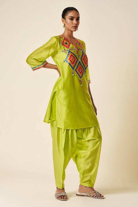 Buy Gulabo By Abu Sandeep Green Chanderi Mirrors, Embroidery Open Neck Ikat Applique Motif Kurta Online at Aza Fashions Buy_Gulabo By Abu Sandeep_Green Chanderi Mirrors, Embroidery Open Neck Ikat Applique Motif Kurta _Online_at_Aza_Fashions