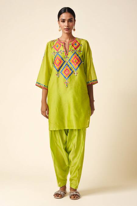 Shop Gulabo By Abu Sandeep Green Chanderi Mirrors, Embroidery Open Neck Ikat Applique Motif Kurta Online at Aza Fashions Shop_Gulabo By Abu Sandeep_Green Chanderi Mirrors, Embroidery Open Neck Ikat Applique Motif Kurta _Online_at_Aza_Fashions
